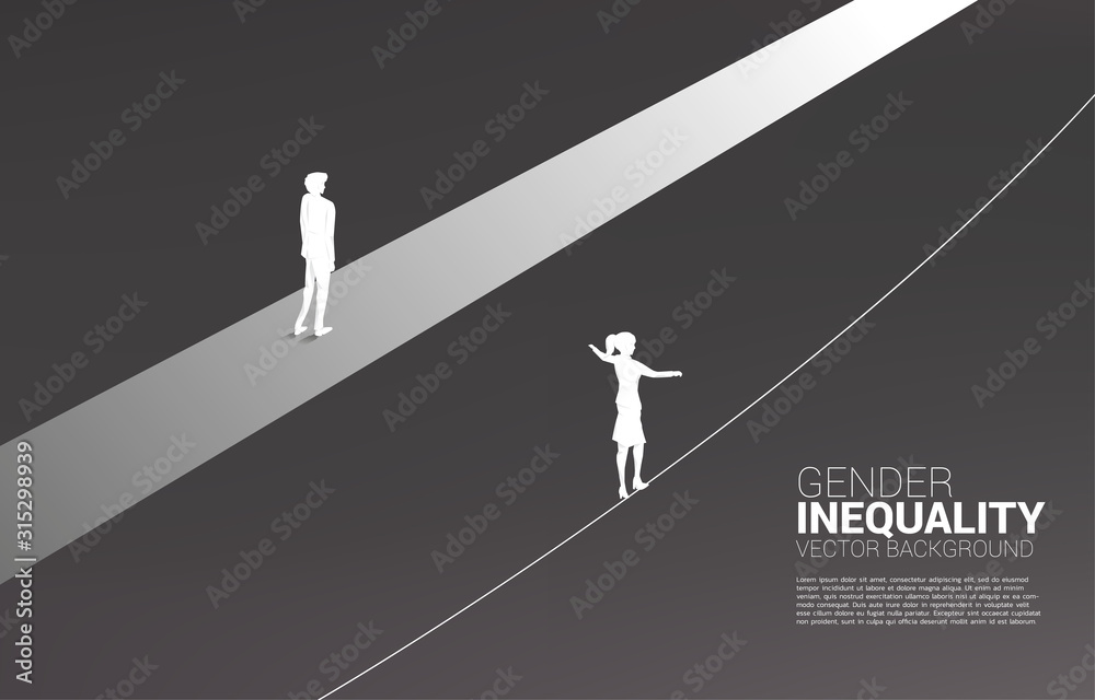 Businessman move forward on road and businesswoman on rope. Concept of gender inequality in business and obstacle in woman career path - obrazy, fototapety, plakaty 