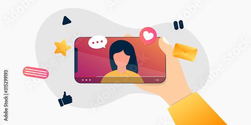 Cartoon internet blogger recording media content. Influencer filming video blog. Girl takes photography on her smartphone vector illustration