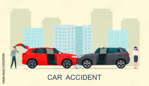Car accident with drivers man and woman. Vector illustration.
