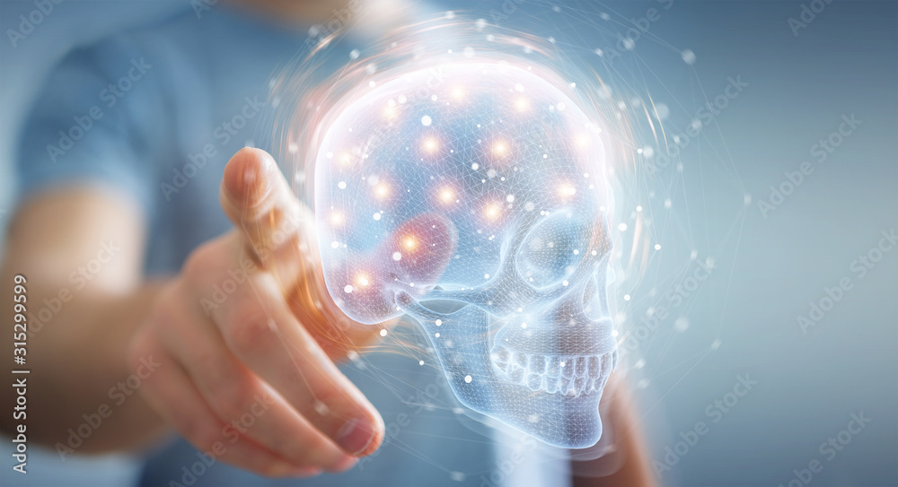 Man using digital x-ray skull holographic scan projection 3D rendering Man using digital x-ray skull holographic scan projection 3D rendering