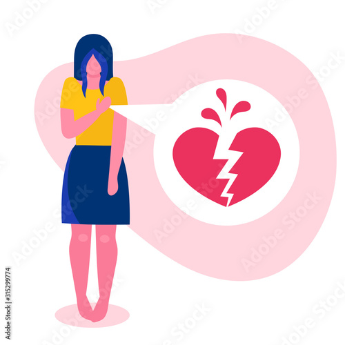 A sad young woman holds her hand over her heart.Heartbreak, divorce, relationship breakdown, unrequited love.Flat vector illustration for your article