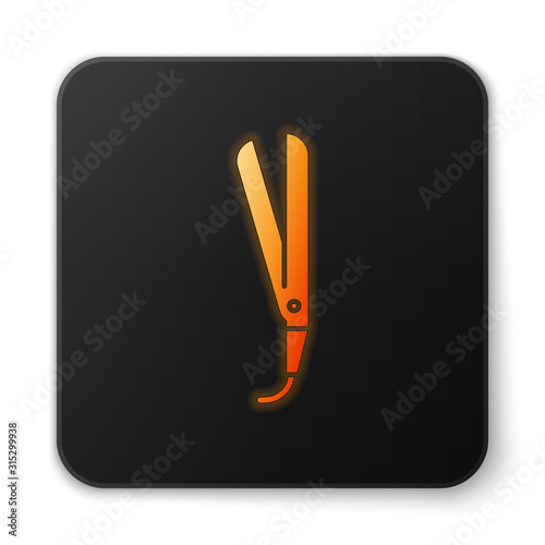 Orange glowing neon Curling iron for hair icon isolated on white background. Hair straightener icon. Black square button. Vector Illustration