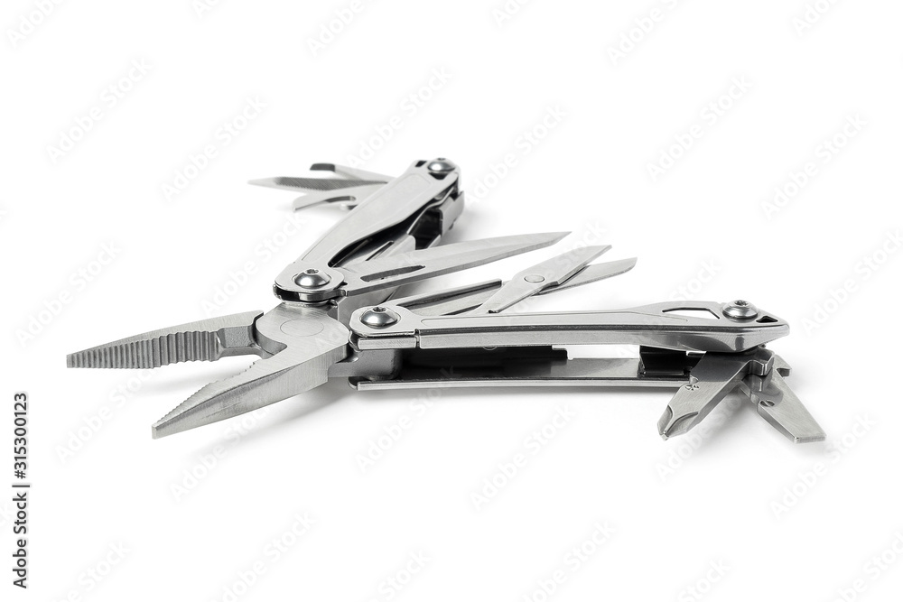 High Quality Multi-Tools Spring-Action Pliers, Knife, Screw Driver, Scissors and Other Indispensable Tools on iSolated White Background High Quality Multi-Tools Spring-Action Pliers, Knife, Screw Driver, Scissors and Other Indispensable Tools on iSolated White Background