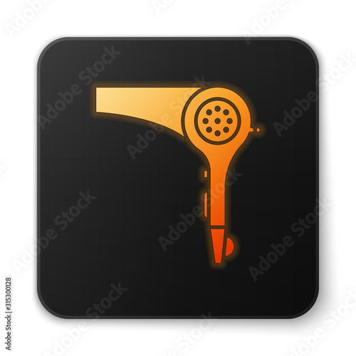 Orange glowing neon Hair dryer icon isolated on white background. Hairdryer sign. Hair drying symbol. Blowing hot air. Black square button. Vector Illustration