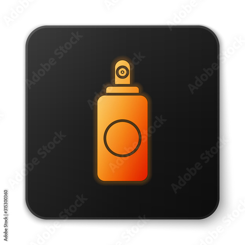 Orange glowing neon Spray can for air freshener, hairspray, deodorant, antiperspirant icon isolated on white background. Black square button. Vector Illustration