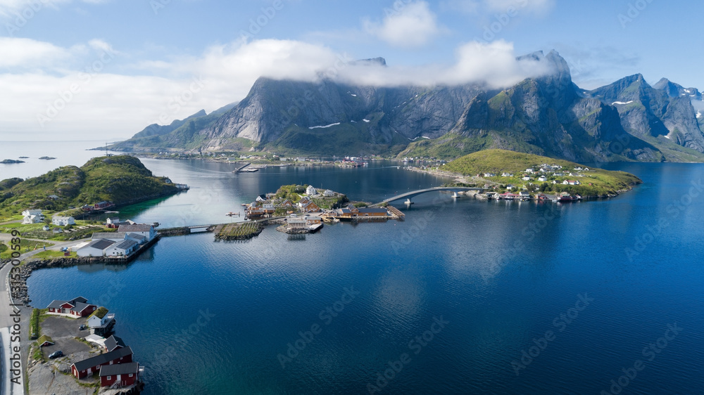 Scenic road bridges connecting islands on Lofoten in Norway. View from above. Summer panorama.