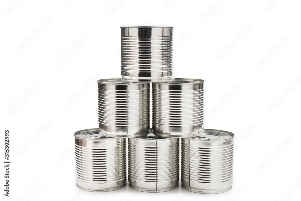 Group of silver canned food on white background. Group of silver canned food on white background.