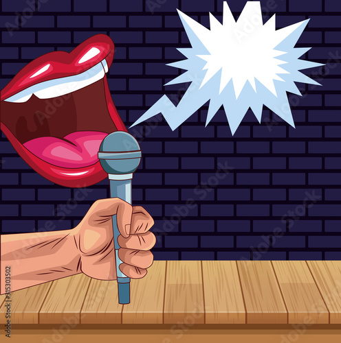 mouth talking hand with microphone stand up comedy show