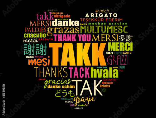 Takk (Thank You in Icelandic) love heart Word Cloud in different languages