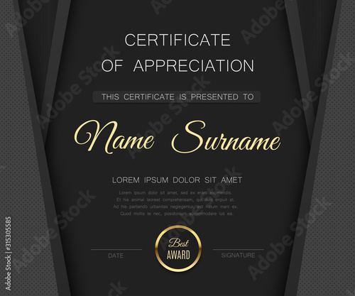 Black matte certificate of appreciation template, luxury premium award with gold badge. Vector diploma, eps10