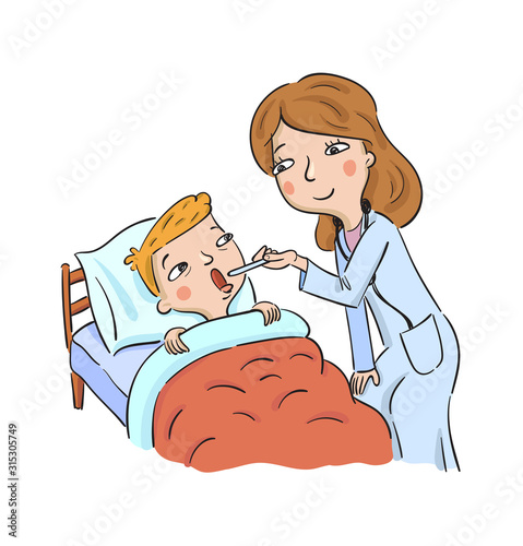 Doctor examines sick boy lying in bed