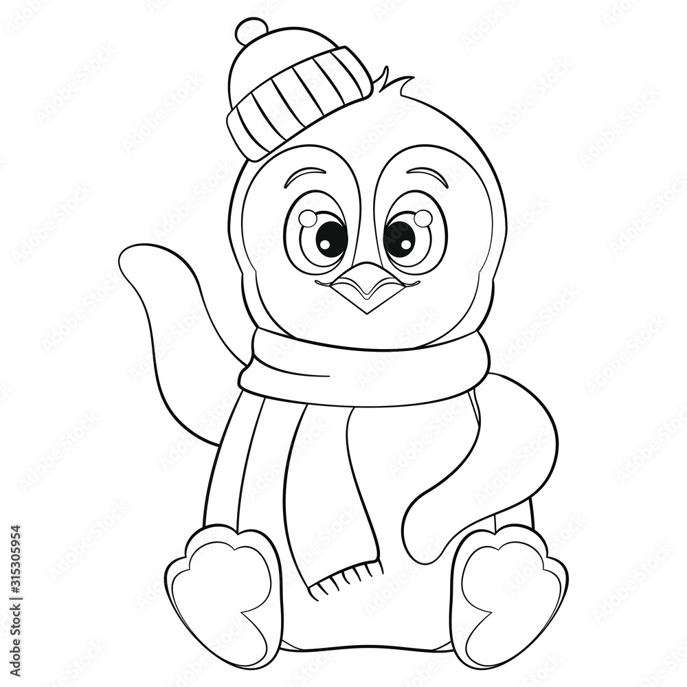 Cute penguin; coloring page; black and white vector illustration