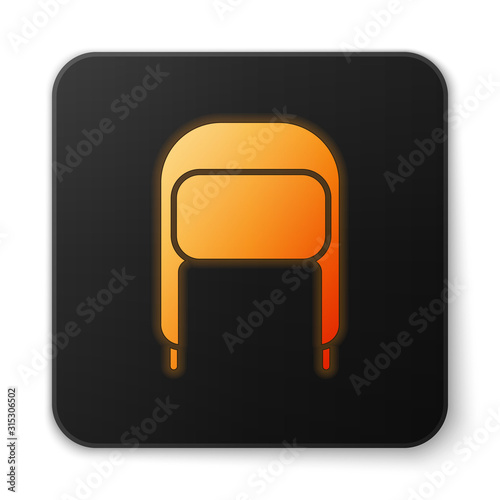 Orange glowing neon Winter hat with ear flaps icon isolated on white background. Black square button. Vector Illustration