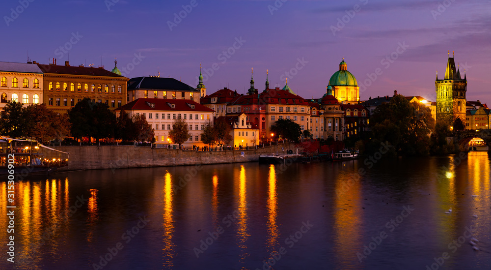 Evening view of Charles Bridge with illumination. Prague. Czech Republic