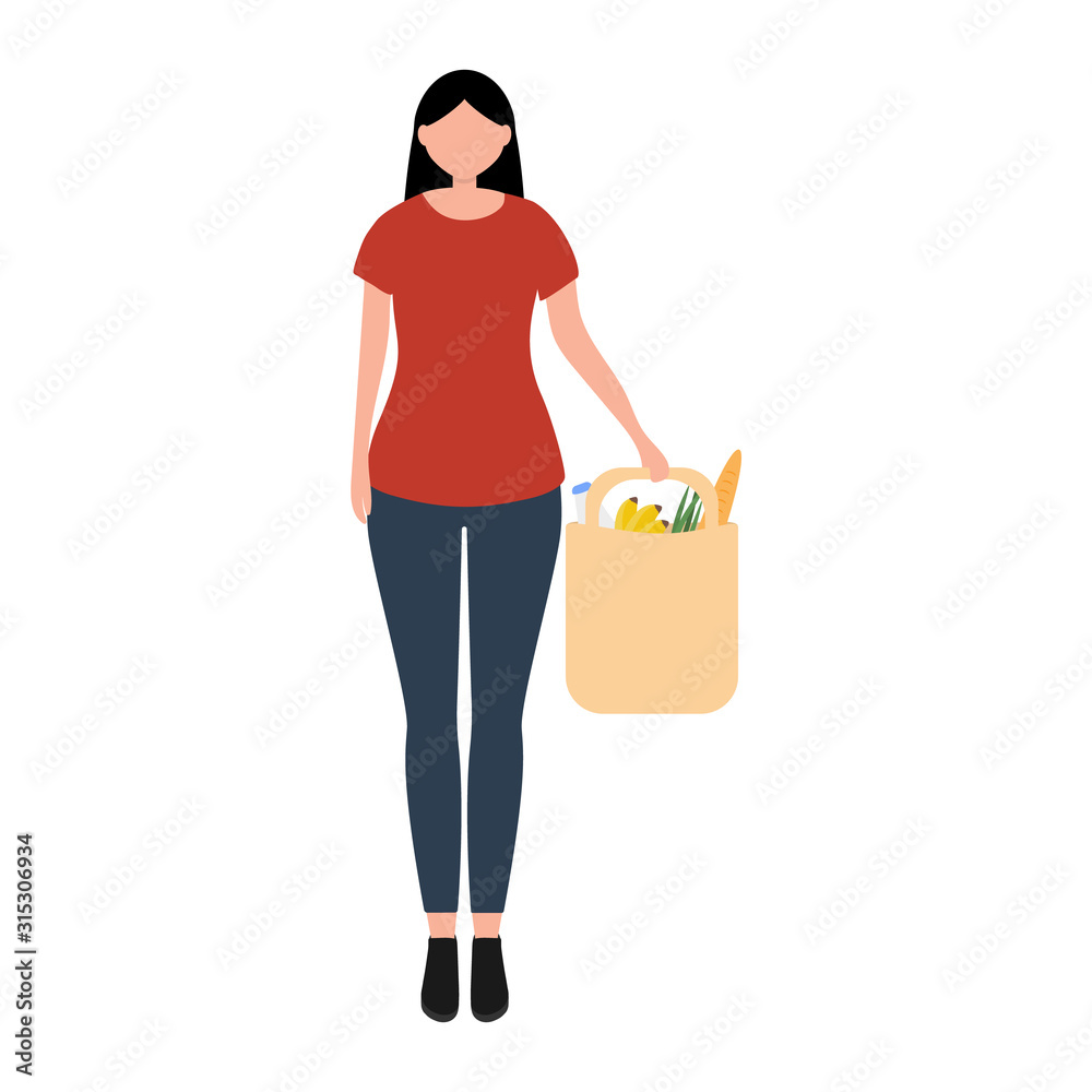 Woman with food purchases. Flat design vector illustration. Consumer set in a package isolated on white