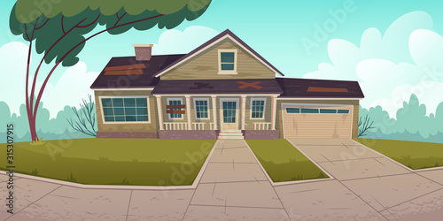 Abandoned house, old residential suburban cottage with boarded up window, hole on roof. Real estate countryside building exterior. Single storey dwelling place with garage. Cartoon vector illustration