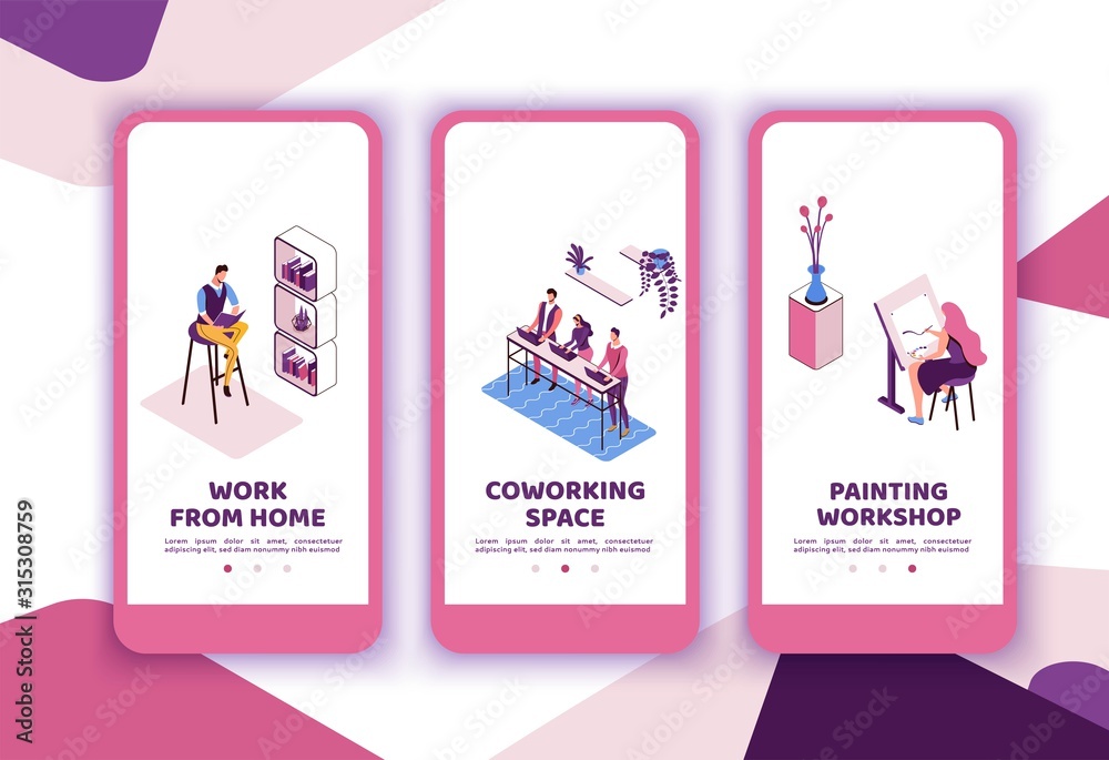 Freelancer with laptop at office workplace, creative people in coworking space, isometric modern interior design, graphic vector illustration, mobile app templates set in violet and pink colors