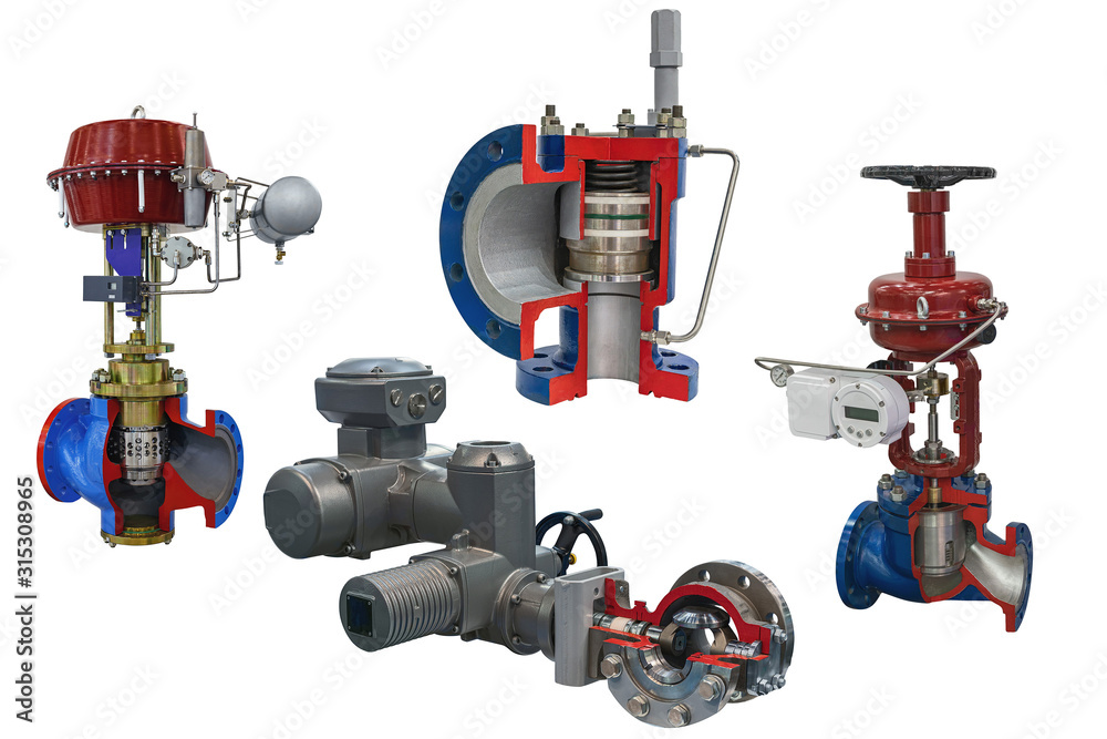 four modern shut-off valves with automatic control for gas pipeline isolated on a white background. Transverse section