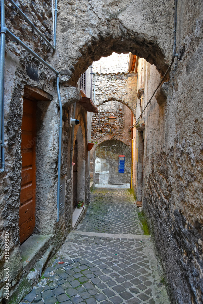 Guarcino, Italy, 01/03/2020. An alley between the old houses of a medieval village.