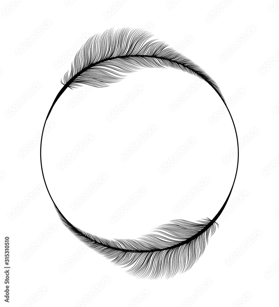 Feathers frame circle ring, Wedding and Save the Date invitation card design template on vector white background. Black fluffy feather quills in circle frame, modern trend wedding party decoration - obrazy, fototapety, plakaty 