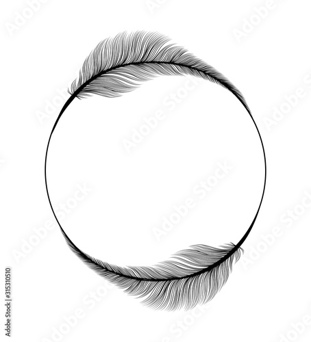 Feathers frame circle ring, Wedding and Save the Date invitation card design template on vector white background. Black fluffy feather quills in circle frame, modern trend wedding party decoration