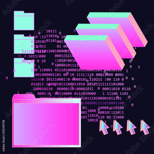 Abstract technology background with user interface elements: browser window and folders. Retrofuturistic vaporwave style illustration in vibrant neon colors.