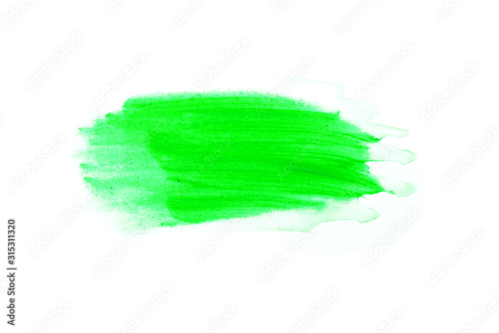 Green watercolor on white background.The color splashing in the paper.It is a hand drawn. For text, element for decoration.