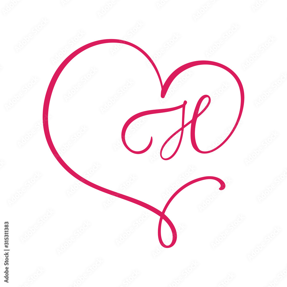 Vector Vintage floral monogram letter H. Calligraphy element logo Valentine flourish frame. Hand drawn heart sign for page decoration and design illustration. Love wedding card or invitation