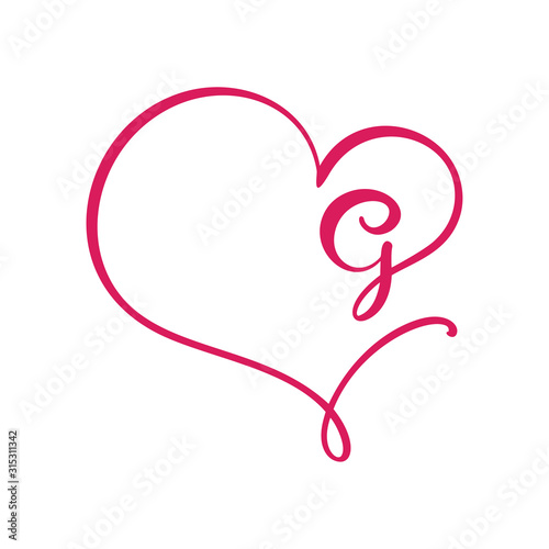 Vector Vintage floral monogram letter G. Calligraphy element logo Valentine flourish frame. Hand drawn heart sign for page decoration and design illustration. Love wedding card or invitation