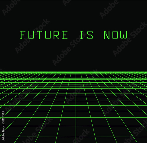Room or space in virtual reality with 3d perspective laser grid. Retrofuturistic vaporwave and retrowave style like in old 80s-90s acrade games.