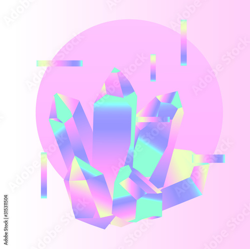 Magic opalescent crystal like in old arcade videogames of 80s. Retrofuturistic vaporwave style illustration.