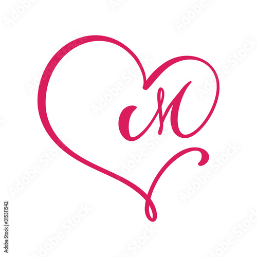 Vector Vintage floral monogram letter M. Calligraphy element logo Valentine flourish frame. Hand drawn heart sign for page decoration and design illustration. Love wedding card or invitation
