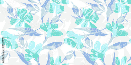 Blue Flowers Seamless Pattern. Hand Drawn Vector Background.