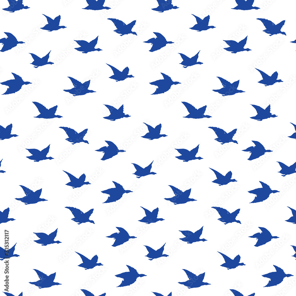 Spring Swallow Birds Simple Print. Seamless Pattern with Birds Silhouettes for fabrics textile print design, wallpapers. Blue Elegant flying crabe birds isolated on white background