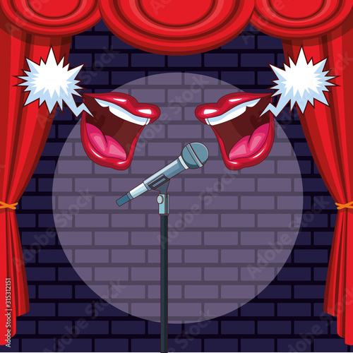 mouths talking microphone stage light stand up comedy show