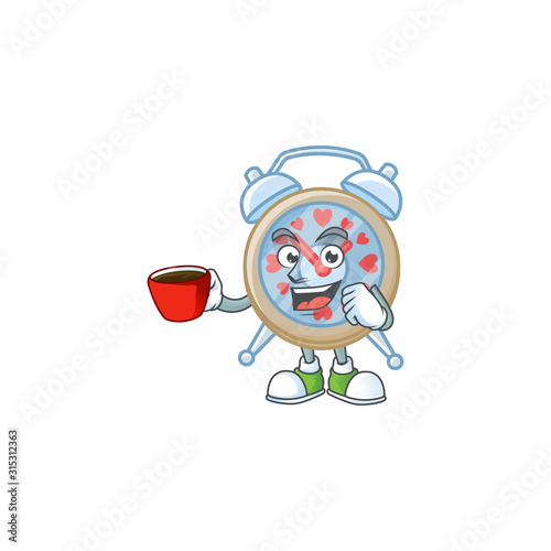 cartoon character of clock love with a cup of coffee