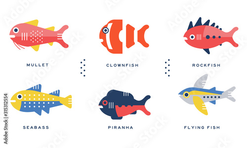 Sea and Ocean Fishes Collection, Mullet, Clownfish, Rockfish, Seabass, Piranha, Flying Fish Vector Illustration