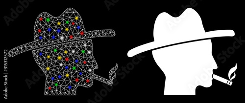 Glossy mesh smoking redneck icon with glow effect. Abstract illuminated model of smoking redneck. Shiny wire frame triangular mesh smoking redneck icon. Vector abstraction on a black background.