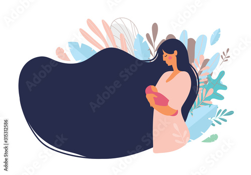 Cute mom with a newborn. The concept of motherhood, family. Flat design with copy space. Side view of a happy woman with long hair on a background of blue leaves. Vector illustration on a white