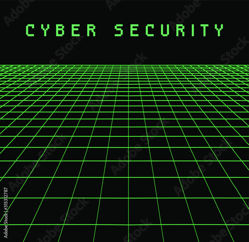 Neon laser grid in dark space. Retrofuturistic cyberpunk style illustration for technology, cyber and information security subject.