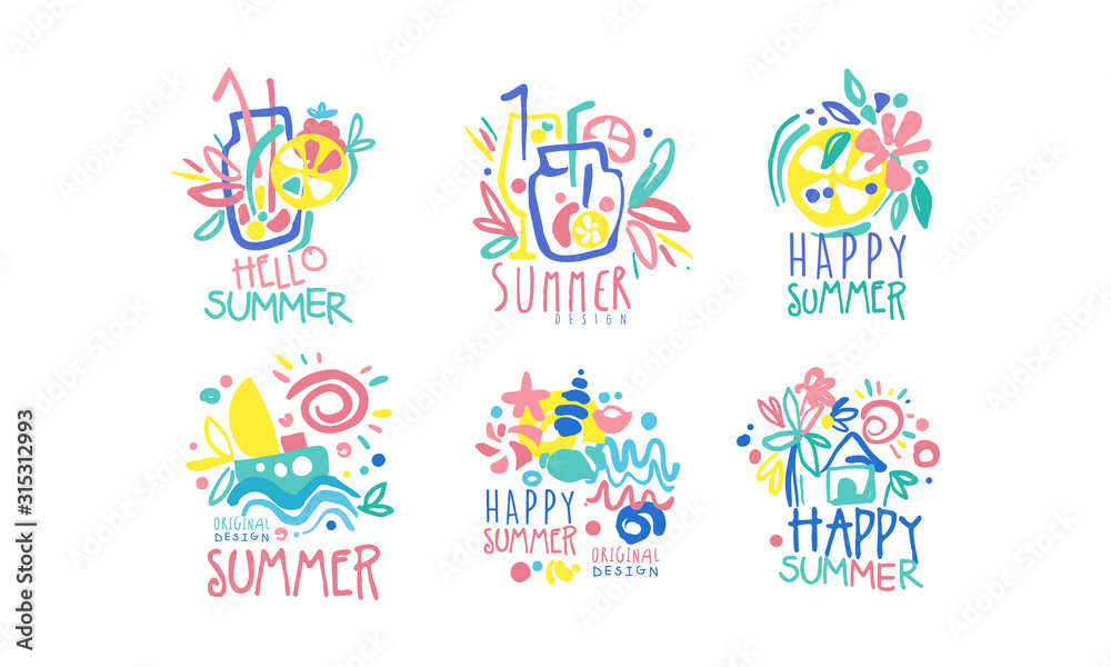 Hello Happy Summer Original Design Labels Collection, Colorful Hand Drawn Templates Vector Illustration