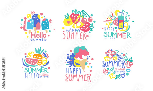 Hello Summer Original Design Labels Collection, Colorful Hand Drawn Graphic Templates Vector Illustration