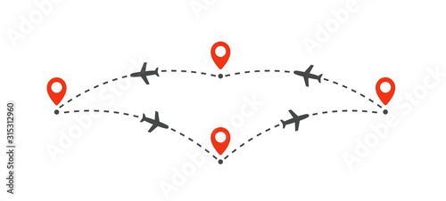 plane flight to different places infographic element with airplane icons and dashed lines for route map, simple design on white background, isolated vector illustration