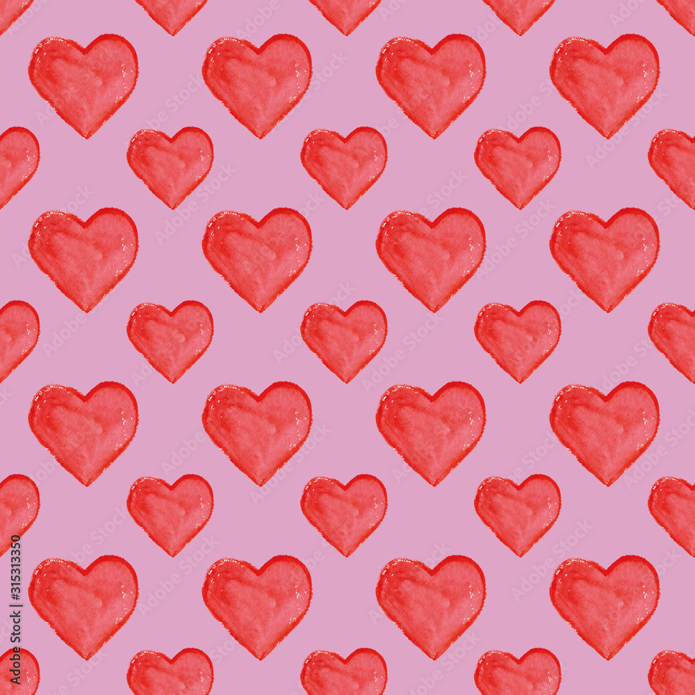 Seamless pattern of red watercolor hearts. Red hand-drawn illustration with brush strokes on a pink background. Perfect for the design of postcards, posters, textiles, paper