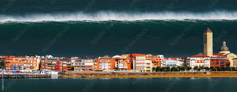 tsunami with a big wave crashing a town in the coast - obrazy, fototapety, plakaty 