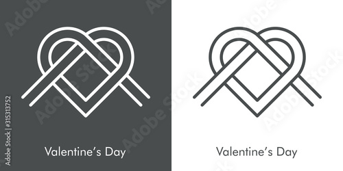 Día de san Valentín. Icono plano lineal nudo en forma de corazón en fondo gris y fondo blanco