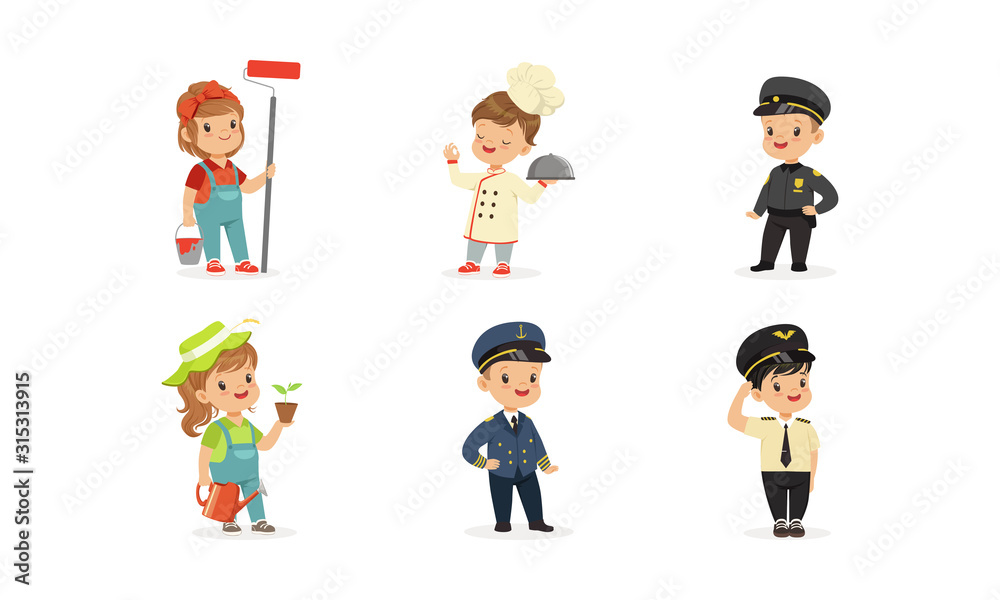 Cute Kids of Various Professions Set, Painter, Cook, Policeman, Gardener, Pilot, Captain Vector Illustration