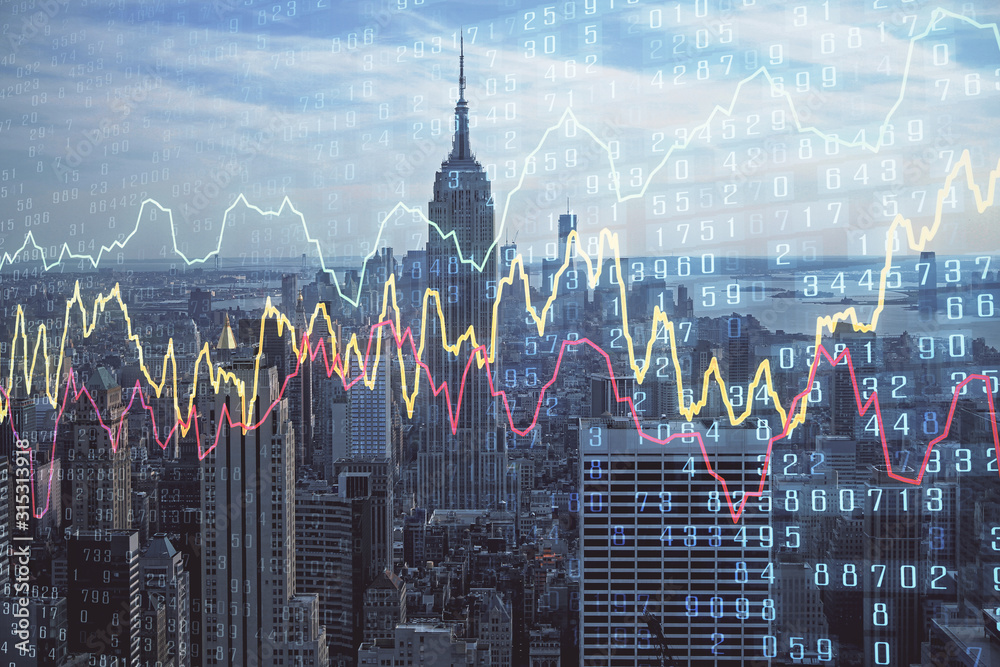 Fototapeta premium Forex graph on city view with skyscrapers background double exposure. Financial analysis concept.