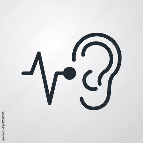Icono plano lineal oreja con linea de sonido en fondo gris