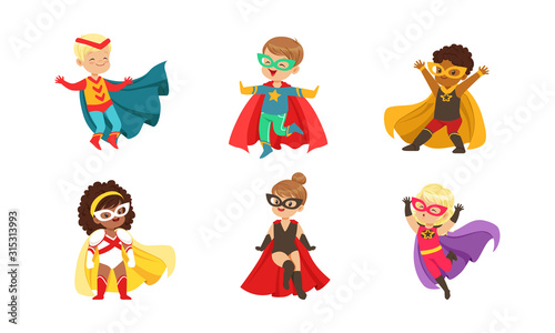 Kid Superheroes Collection, Cute Happy Boys and Girls Wearing Superhero Costumes and Masks Vector Illustration